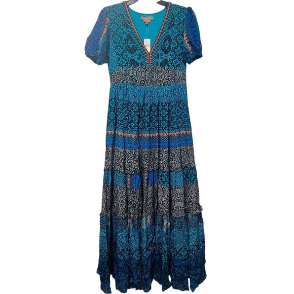 Anthropologie Bhanuni By Jyoti Marian Tiered Maxi Dress Sz 4 Turquoise Multi NWT - Picture 1 of 17